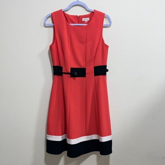 Calvin Klein Red Colorblock Fit & Flare Dress Size 8 Belted Sleeveless Midi - Picture 3 of 15